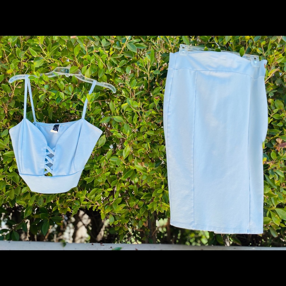 Pastel baby blue bodycon crop-top and midi skirt